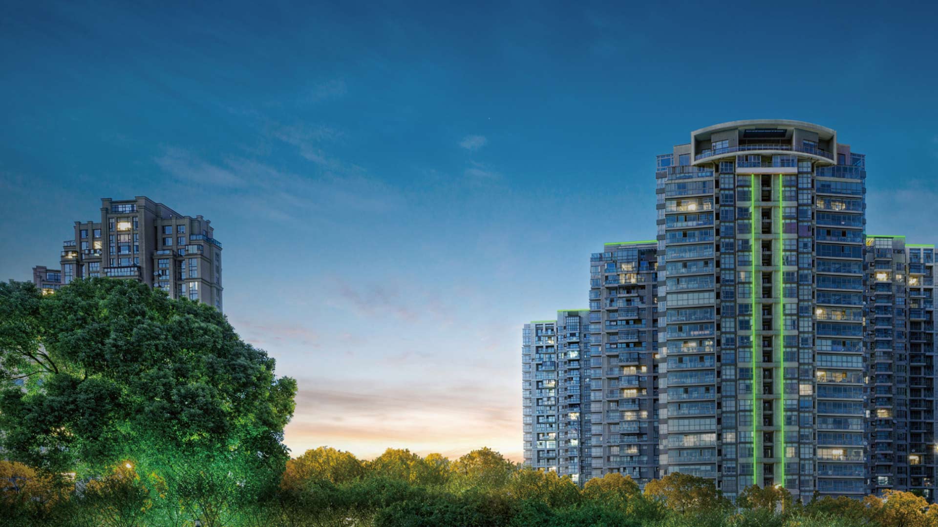 Apartment buildings and trees