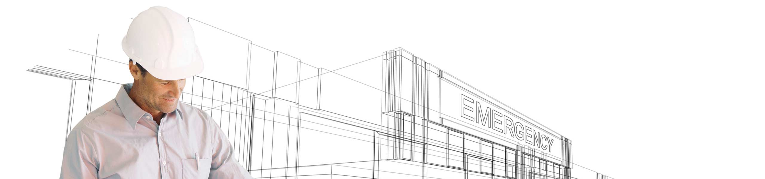 Man looking at architectural plans, healthcare solutions, building management system